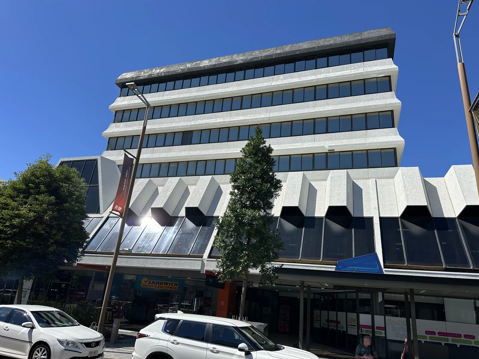 Street view of Northtown in Townsville with horizontal bands of glazing